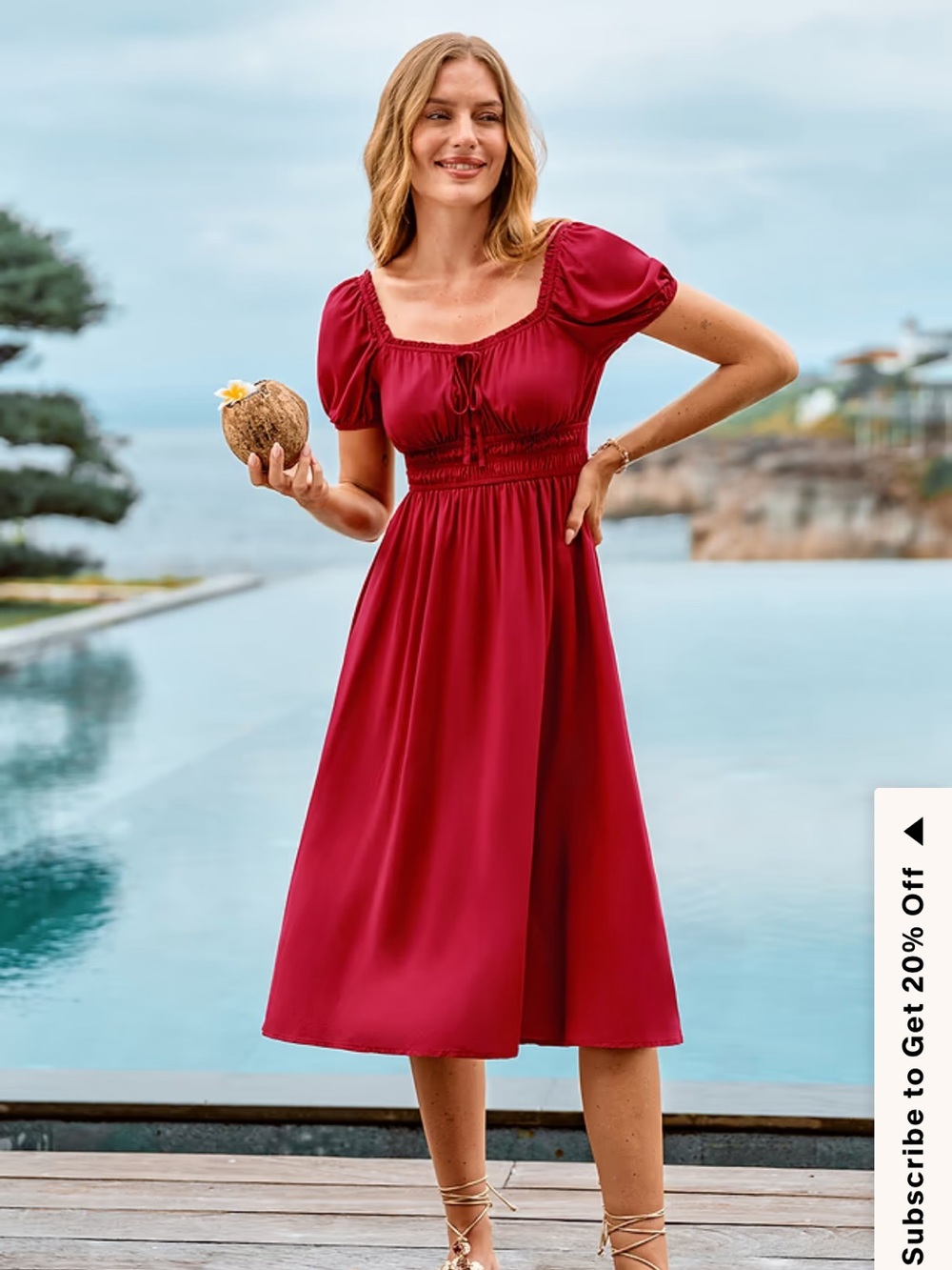NEW! Elegant Red Puff-Sleeve Midi Dress